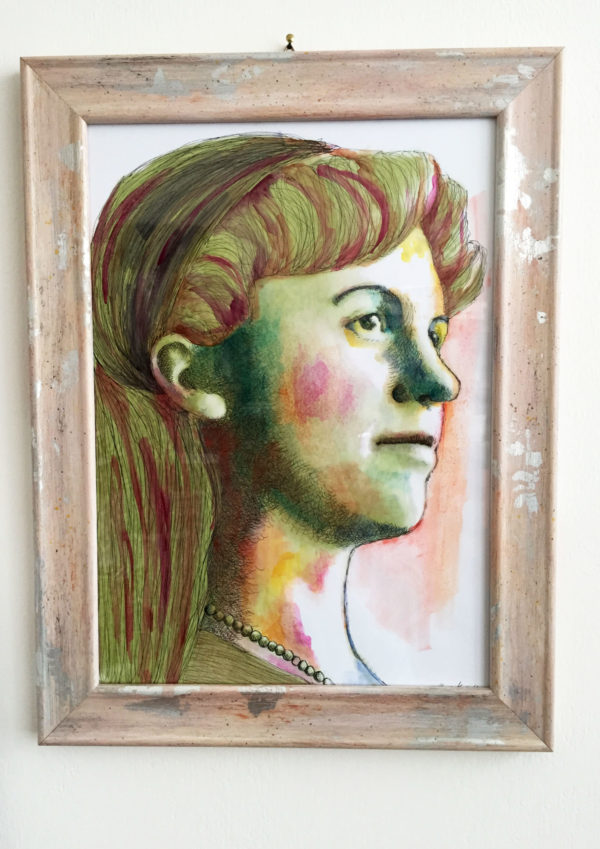 Sylvia- framed watercolor black pen portrait. - Image 4