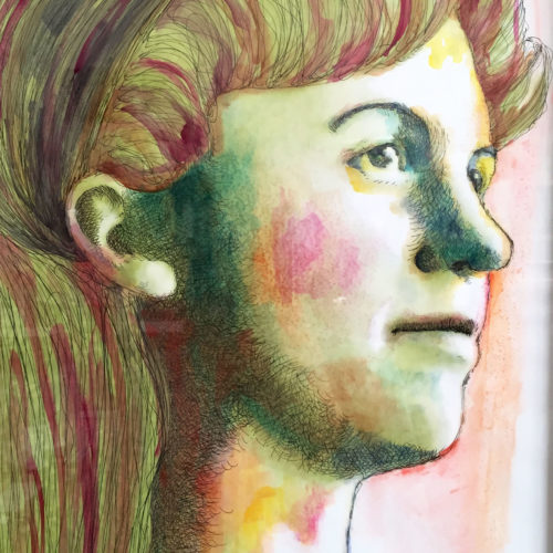 Sylvia- framed watercolor black pen portrait.
