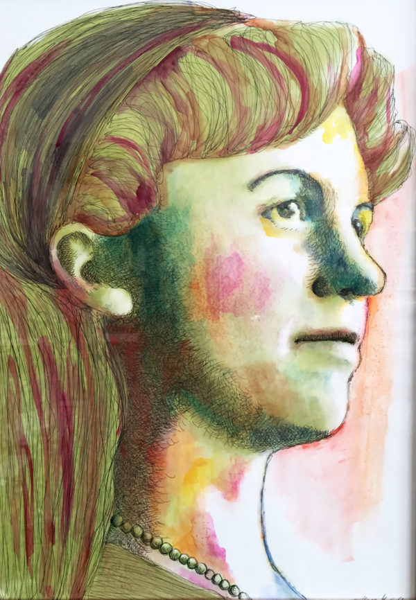 Sylvia- framed watercolor black pen portrait.